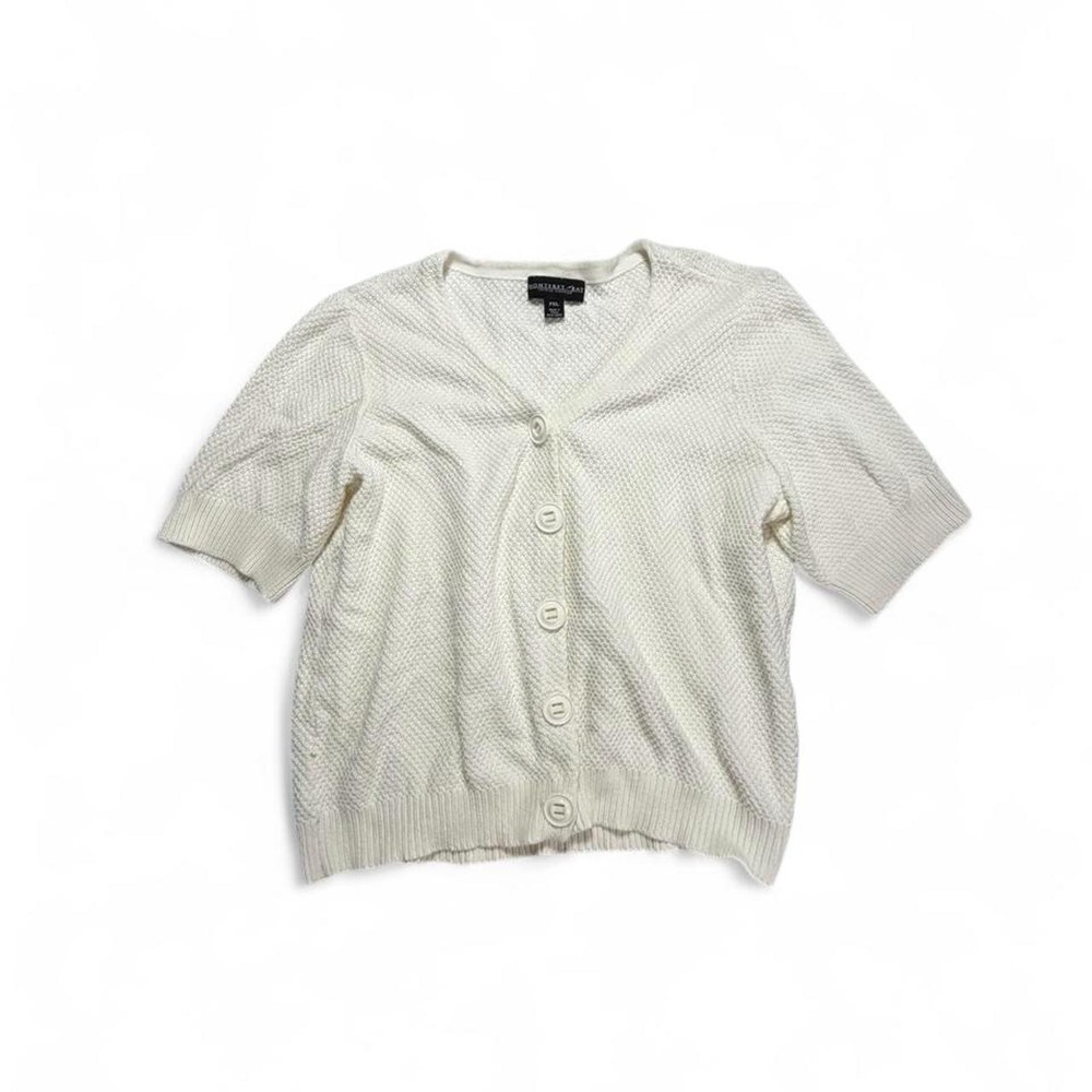 Monterey Bay Cream Waffle Knit Short Sleeve Cardigan Sweater Quiet Luxury V Neck